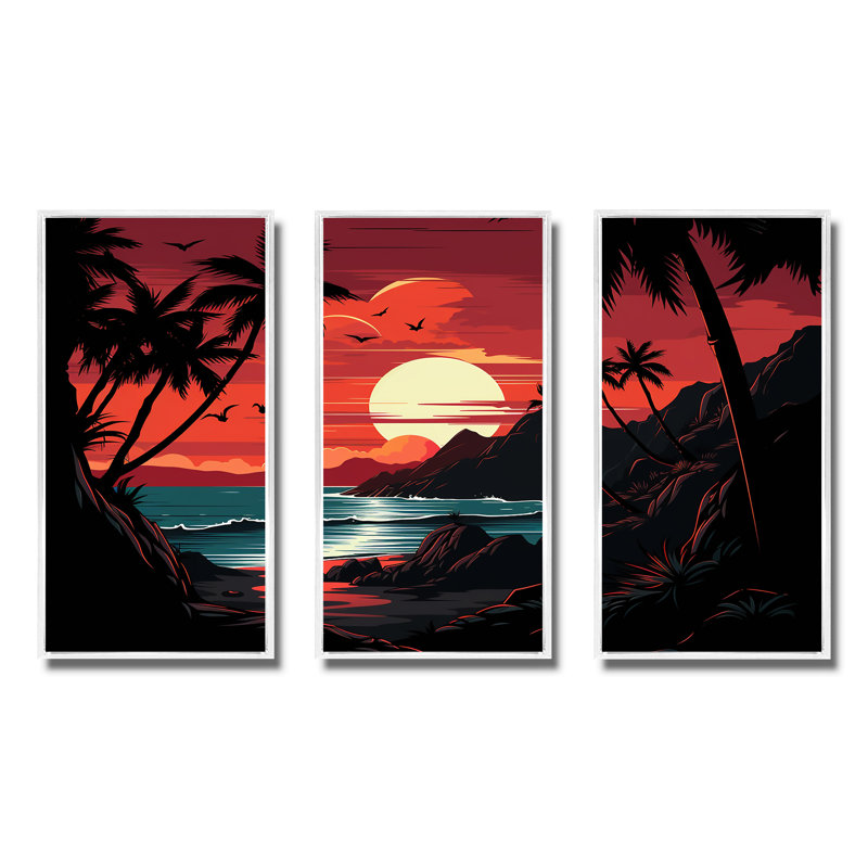 Coucher de soleil rouge audacieux paysage - coucher de soleil côtier, art mural, Cadre flottant blanc