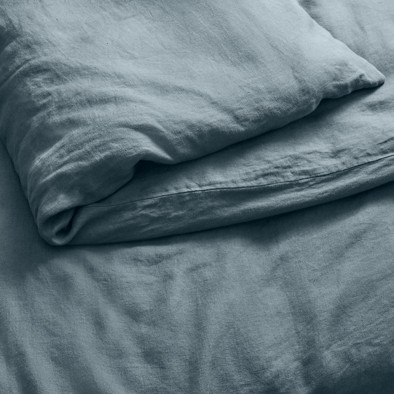 Stone Washed Linen Duvet Cover, Queen Duvet Cover + 2 Queen Shams, Gray Blue