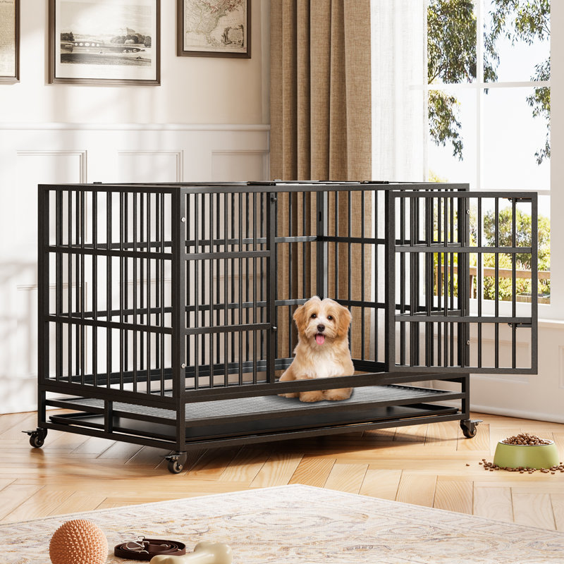 Cage intérieure robuste à double porte pour cage pliable pour chien avec roues verrouillables à 360 ° Plateau amovible Assemblage facile à nettoyer pour les petits chiens moyens et grands