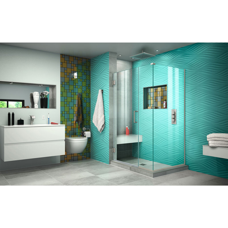Unidoor Plus 44" W x 30.375" D x 72" H Frameless Pivot Rectangle Shower Enclosure with Fixed Panel, Brushed Nickel