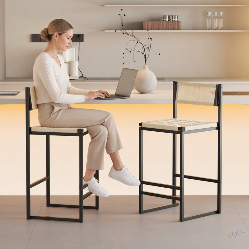 Ensemble de 2 tabourets de bar tissés avec dossier en corde de papier tissé pour îlot de cuisine, Blanc crémeux