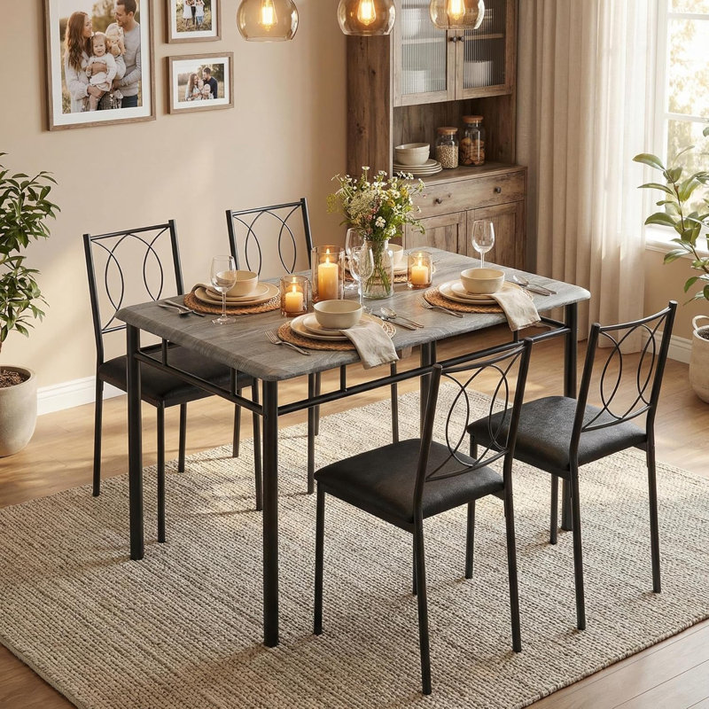 Farmhouse Dining Table Set for 4, Wood Table with Upholstered Chairs, Space-Saving, Grey, Gray