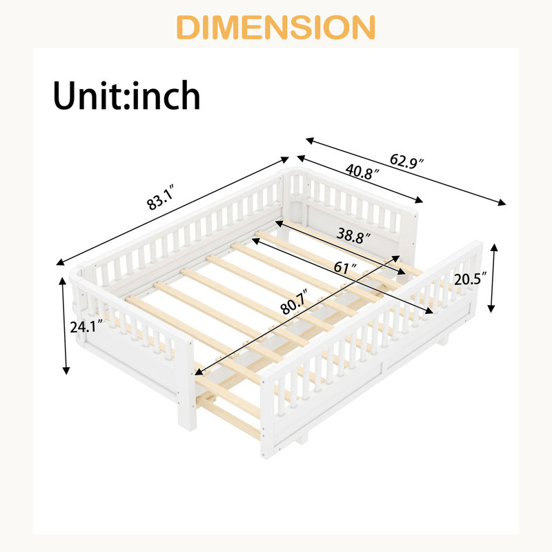 Lit plateforme avec garde-corps, cadre de lit en bois massif, peut être converti en lit plateforme,, Blanc