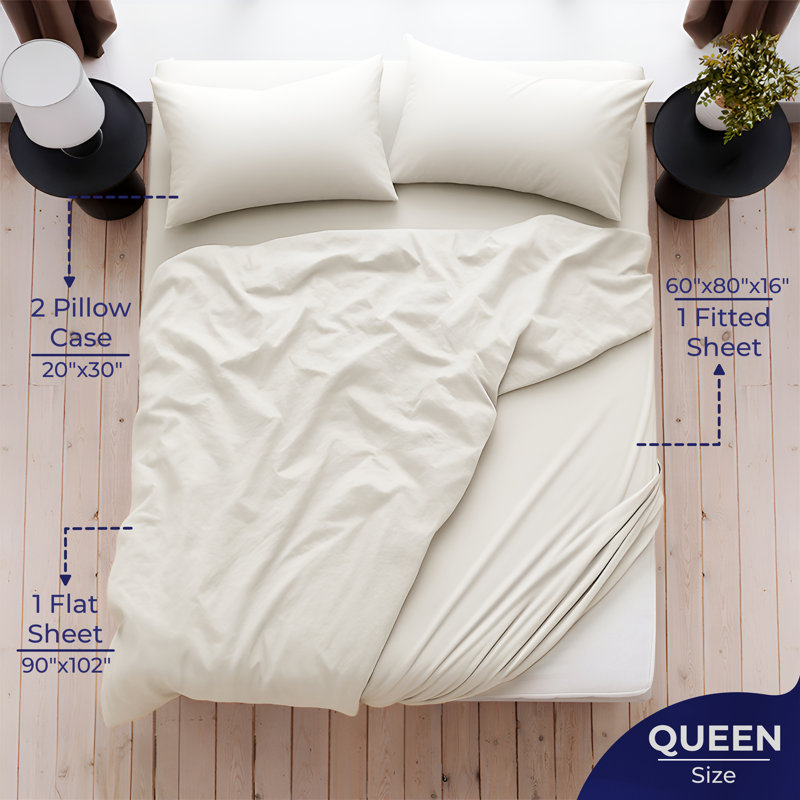 Ensemble de draps 100% satin de coton - Comprend 1 drap plat, 1 drap-housse et 2 taies d'oreiller, Beige