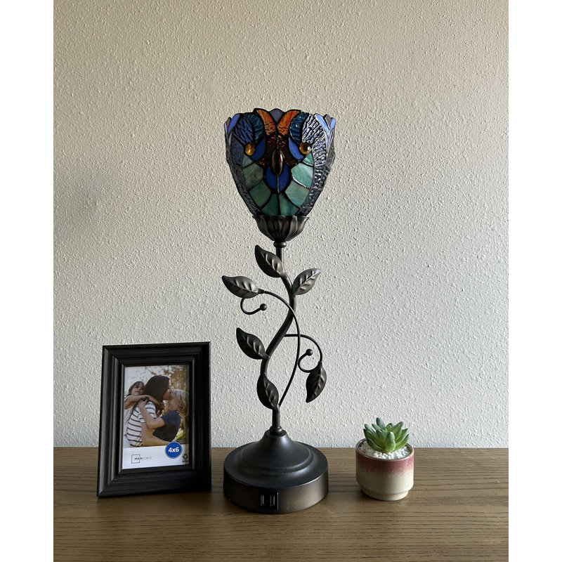 Lampe de table à lampe de poche Simoniff Tiffany Vitrail vert inclus Ampoule DEL Ports USB l 6 po x P 6 po x H 20 po, Bleu