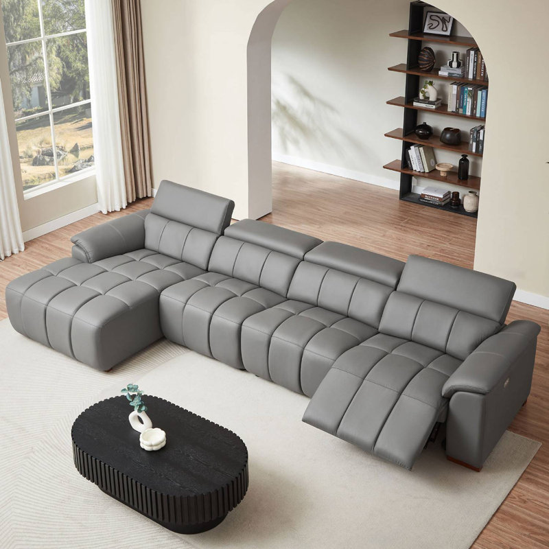 144.87" Genuine Leather Power Reclining Sectional With USB Port, Dark Gray Genuine Leather, Left Hand Facing