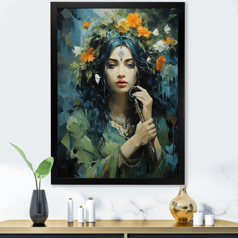 «Hinduism Krishna Flute God», reproduction d'art sur toile, Cadre simple noir, H 44 po x l 34 po x P 1,5 po