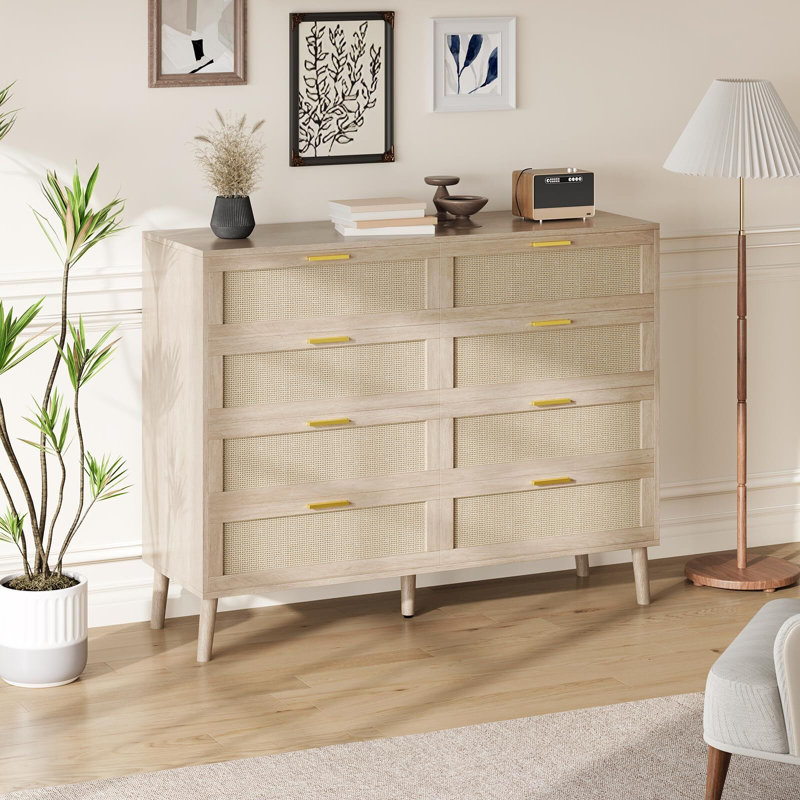 47'' Rattan 8 Drawer Dresser, Large Wooden Chest of Drawers with 5 Solid Wood Legs, Modern Wide Double-Drawer Dresser, Farmhouse Storage Drawer for Bedroom, Living Room