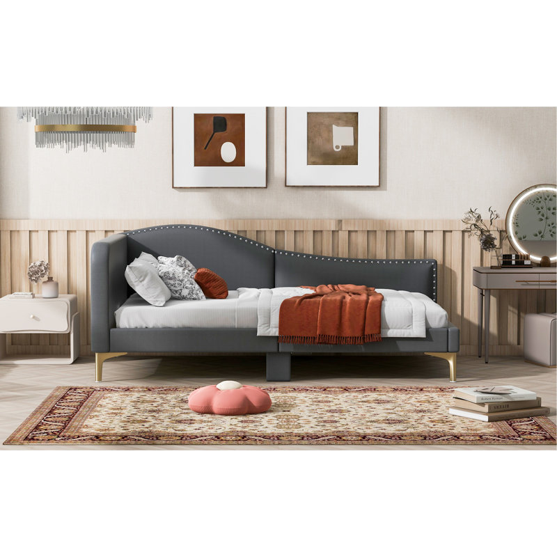 Lit de jour simple avec tête de lit en lin et accoudoirs gris - cadre, revêtement décoratif élégant et élégant, Lit simple