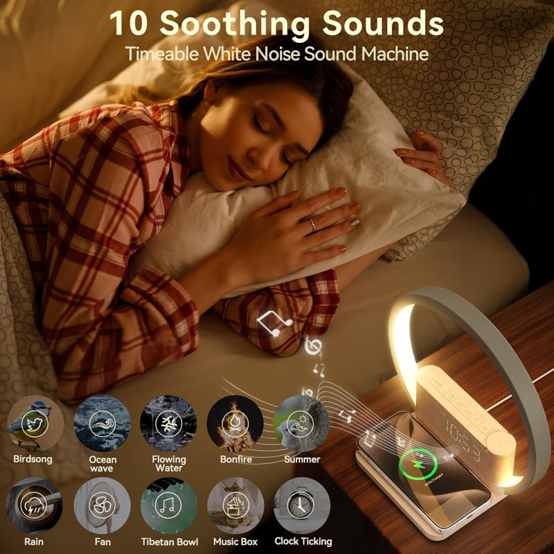  Sunrise Alarm Clocks Wireless Charger, 10 White Noise Sound Machine Alarm Clock with 30/60/90 Mins Timer, 3 Levels Touch Night Light, Dual Clocks for Heavy Sleepers, Ideal Gifts for Her