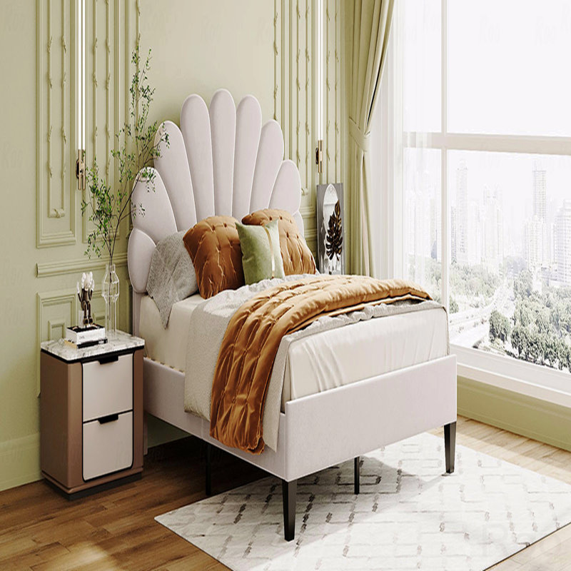 Base de lit plateforme en velours grand, tête de lit à motif floral, Grand lit, Beige