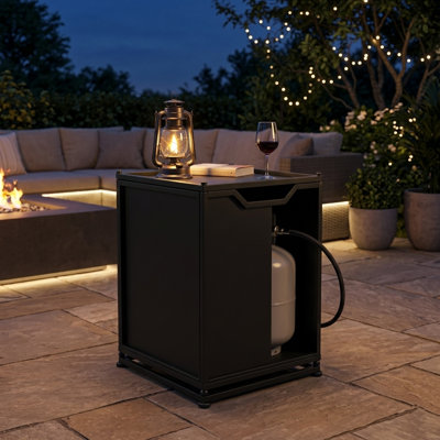 16" Modern Metal Propane Tank Holder Side Table With Access Door – Matte Black Powder-coated Iron – Weather Resistant