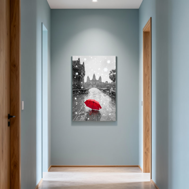 Scenic & Cityscapes, parapluie rouge en noir et blanc, scène de temple, H 40 po x l 28 po