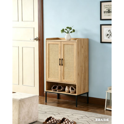 Armoire à chaussures avec portes en rotin, armoire de rangement à chaussures à 5 niveaux avec tablettes ouvertes, range-chaussures en bois, pour vestibule, couloir, chambre à coucher, naturel