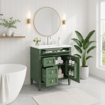 Meuble-lavabo de 76 cm avec lavabo en céramique, meuble autoportant avec 2 tiroirs et un tiroir basculant, structure en bois massif et MDF, style rétro, vert