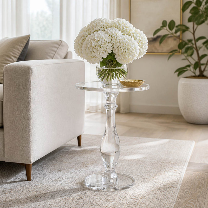Modern Glass and Acrylic Accent Table with Round Top and Trestle Base - 20" Tall, Clear Frost Finish - Perfect for Home, Office, Bedroom, or Living Room Decor.