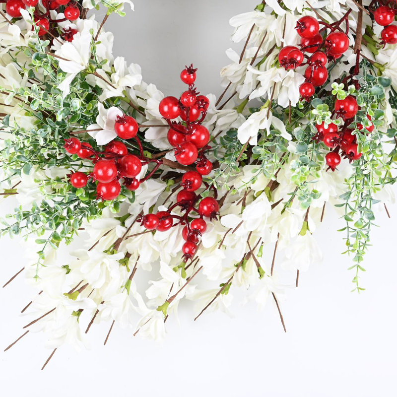 Couronne de Noël en baies et grappe de fleurs 24 po, Rouge/blanc
