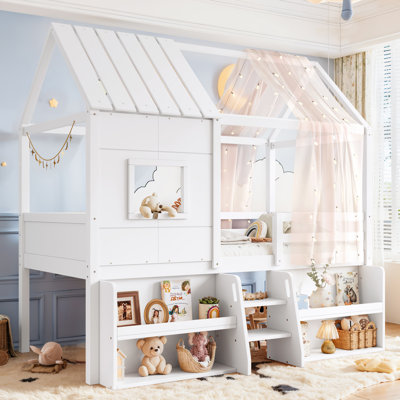 Lit mezzanine simple avec tablettes et escaliers de rangement, lit mezzanine avec toit en forme de maisonnette et fenêtre, conception enfantine et sans sommier, blanc