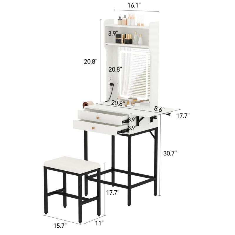 Small Makeup Vanity Desk Set with Mirror,Mini Makeup Vanity with Adjustable Lighted,2 Drawers,Hair Dryer Holder,Fold-Up Panel,Compact Makeup Dressing Table for Small Bedrooms,Apartments,Tiny Space