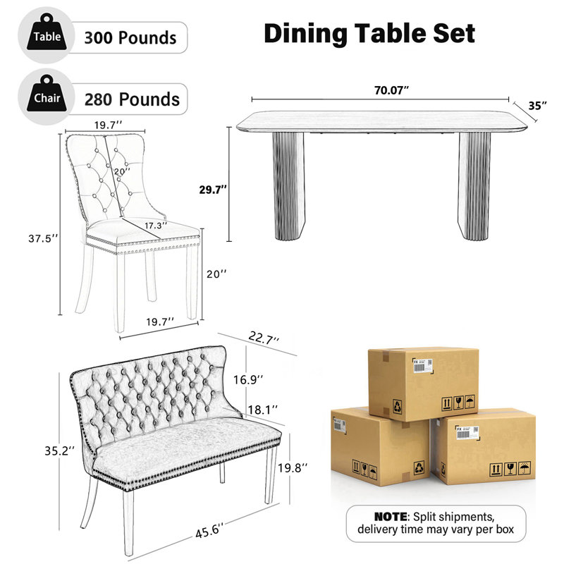 Ensemble de table de salle à manger moderne pour 4/6 personnes, table de cuisine rectangulaire à double piédestal avec fauteuil en velours capitonné et banc