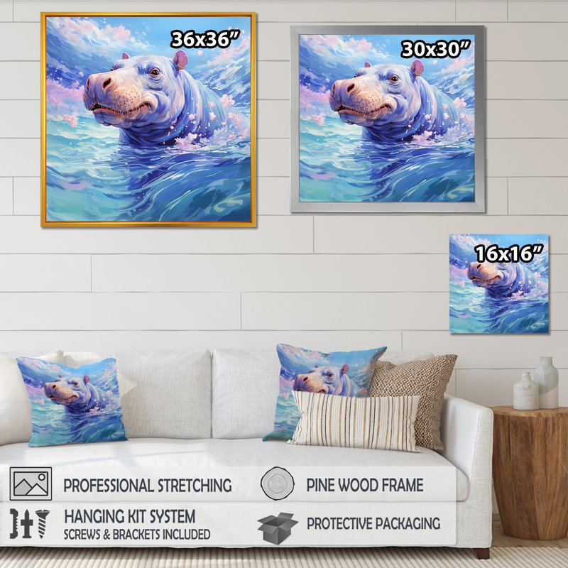 Blue Serene Hippo Majesty - Hippopotamus Wall Art, Black Floater Framed, 16" H x 16" W