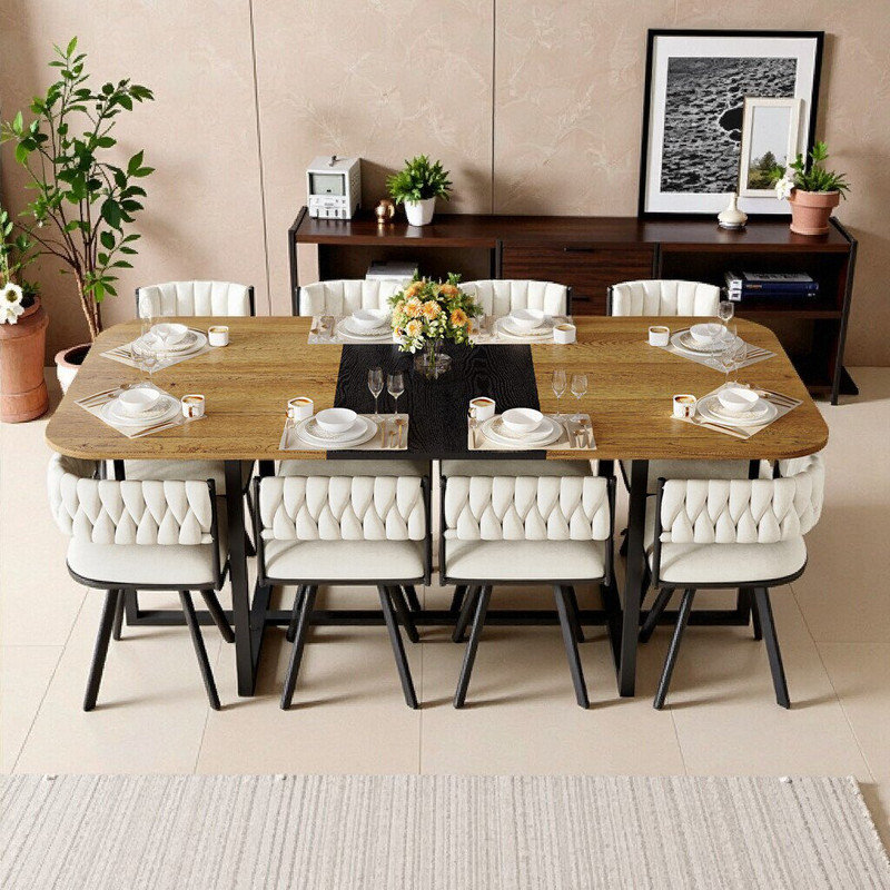 Ensemble de table de salle à manger 9 pièces avec chaises en velours, plateau en triamine durable et structure en métal noir pour 8 personnes