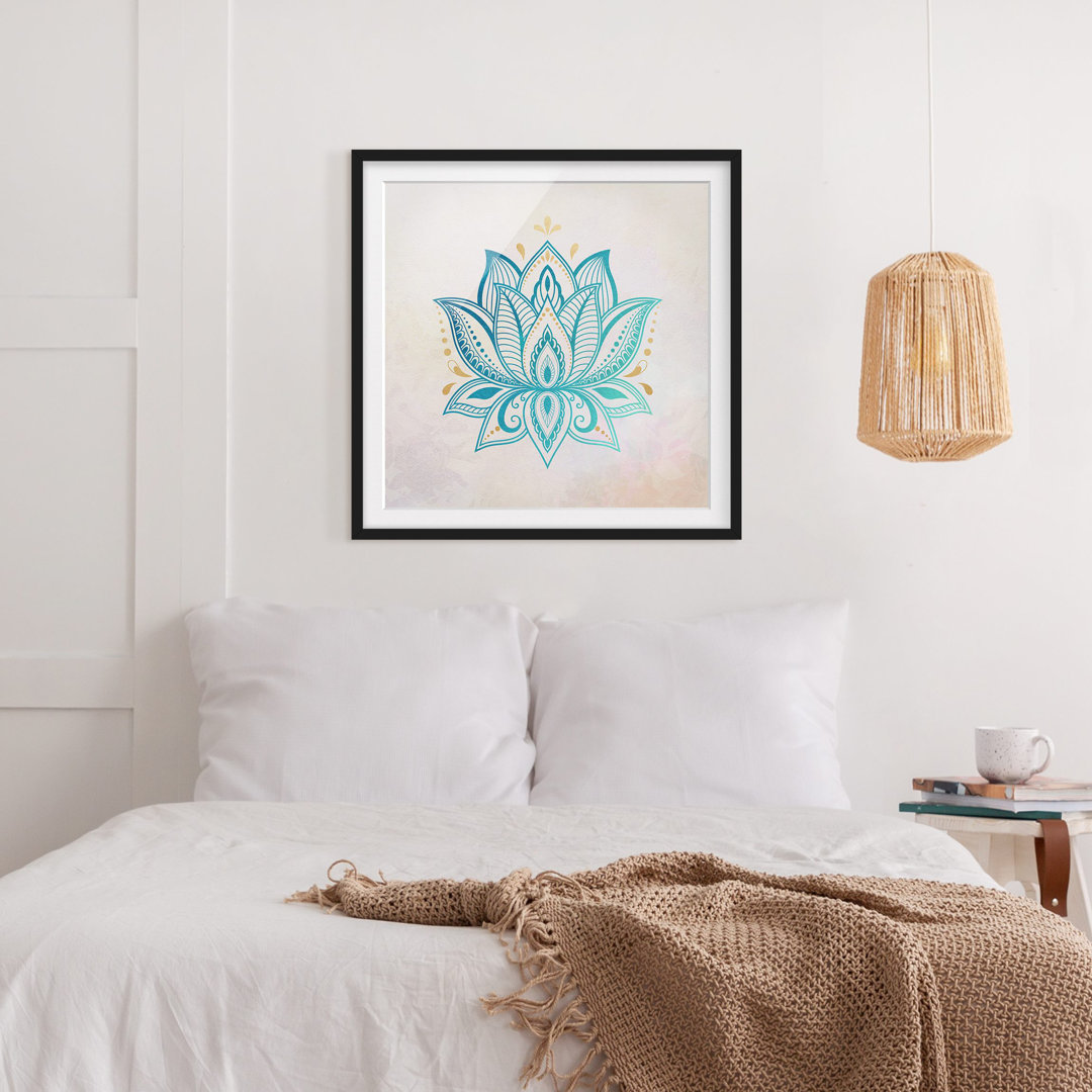 Gerahmtes Poster-Lotus-Illustrations-Mandala-Goldblau