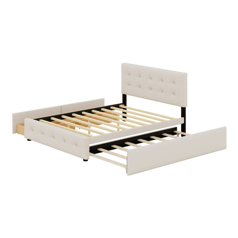 Lit plateforme tapissier avec 2 tiroirs et lit gigogne, Beige