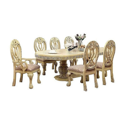 Faya 7Pc Dining Set, 76-112In Table, 6 Chair, Vintage White Solid Wood