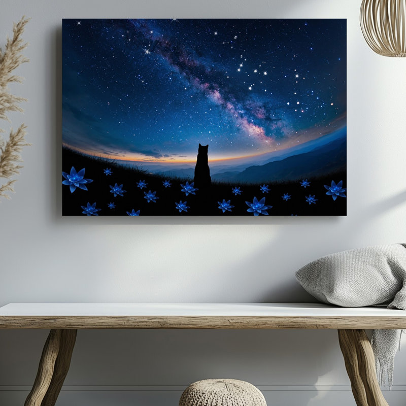 Toile, scène sereine du crépuscule avec une silhouette d'un art mural noir, chat assis gracieusement sur une colline verdoyante entourée d'art sur toile