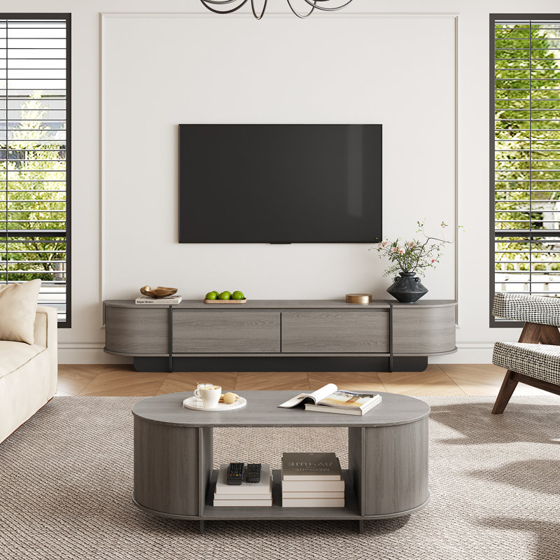 Meuble télé et table basse, bords arrondis, gris