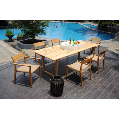 7 Pcs Grade-A Teak Wood Dining Set: 98" Sema Rectangle Table And Amilo Stacking Chairs (2 Arm & 4 Armless Chairs) #11AM3202