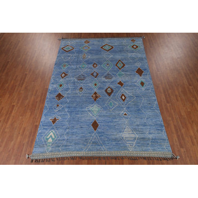 Tapis bleu en laine à motif géométrique marocain 9 x 12