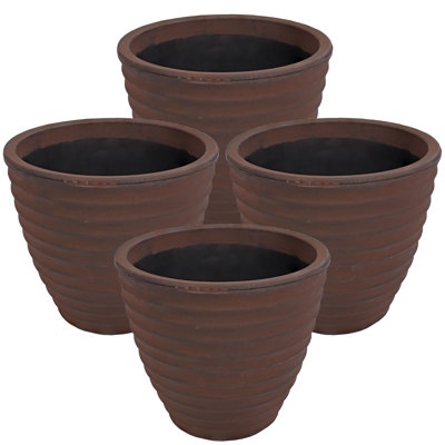 Swind Ribbed Round Polyresin Outdoor Planter Pot - Rust - 16" - Set of 4
