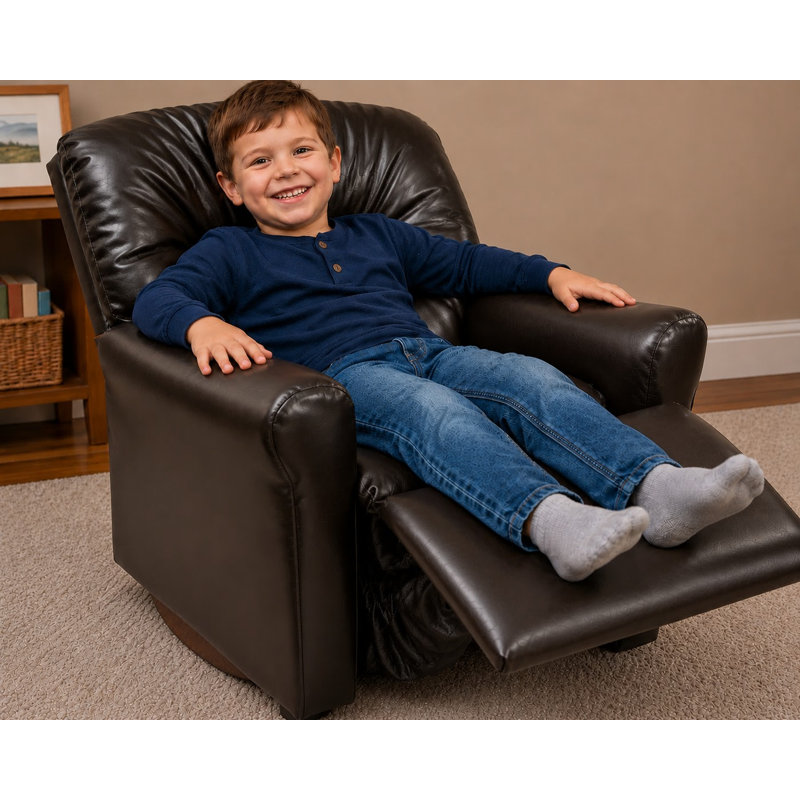 Kids 14" Rocker & Recliner Chair, Pecan Brown Leather Like