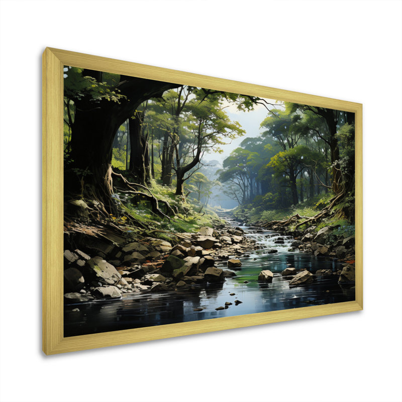 «Gentle River Through Country Charm Forest», art mural forêt fluviale, Cadre doré simple, H 34 po x l 44 po x P 1,5 po