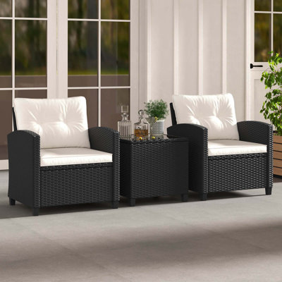 3 Pcs Patio Furniture Set With Tempered Glass Coffee Table Washable Cushions