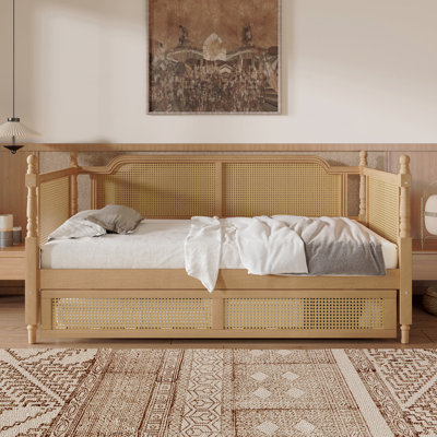 Traditional Style Rattan Daybed With Trundle For Limited Space, Guest Room, No Box Spring Needed