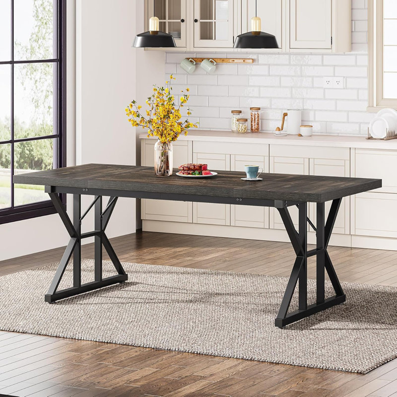 Table de cuisine rectangulaire 71 po avec pieds en métal X-Trestle, Black