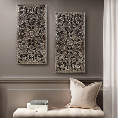 2 Wall Hanging - Distressed Wood With Lotus Flower Pattern Bronze Finish Indoor 15.75"W X 31.5"H 0.59"D Art Decor Colored