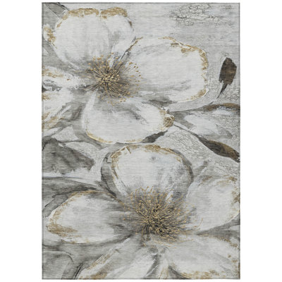 Machine Washable Indoor/Outdoor Xhevrie Silver Rug