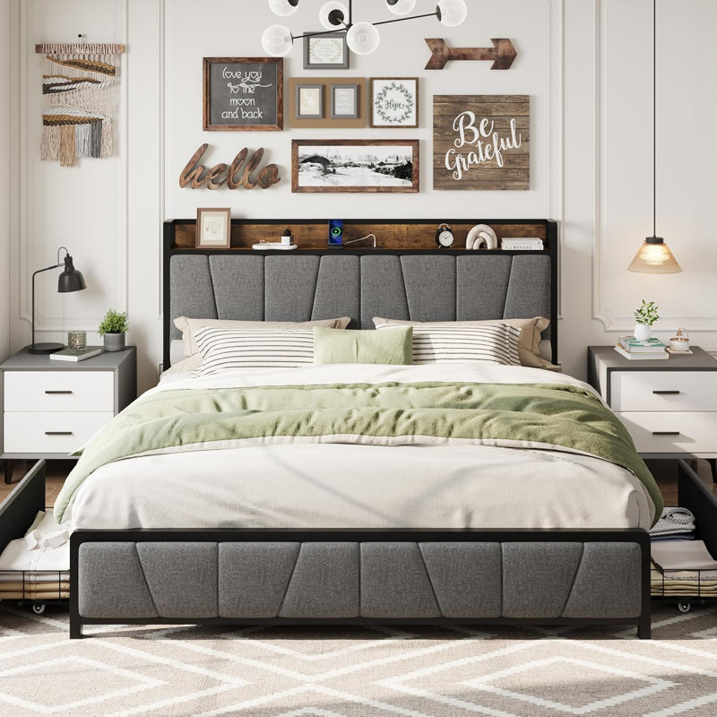 King Size Bed Frame with 2 Storage Drawers and Charging Station, Linen Upholstered Platform Bedframe with Storage Headboard, No Box Spring Needed, Noise Free, Easy Assembly, Grey