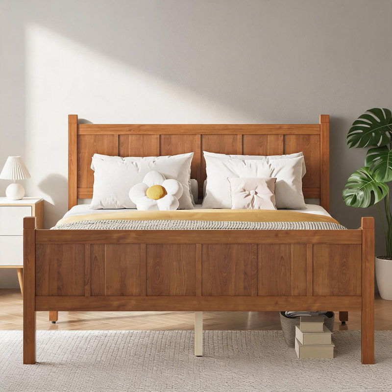 Lit plateforme en bois massif Shaker de style campagne avec rangement généreux sous le lit, finition brune