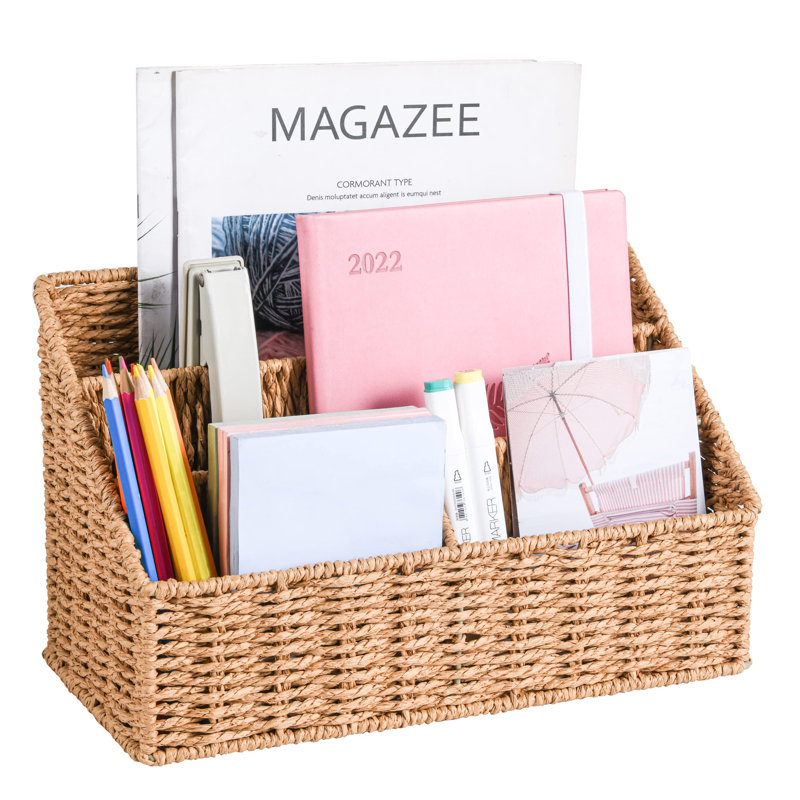 Organiseur de courrier tissé pour comptoir, panier de rangement pour factures et stylos, organisateurs et rangements de bureau de style champêtre, (Naturel)