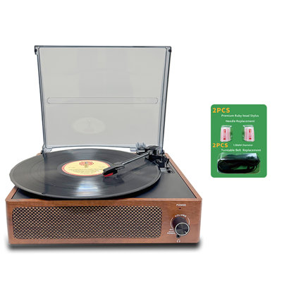 Walnut Vintage Vinyl Record Player with Built-in Stereo Speakers, Wireless Bluetooth Audio, 3-Speed Turntable, RCA Line Out & Headphone Jack, Includes 2 Styluses & 2 Replacement Turntable Belts