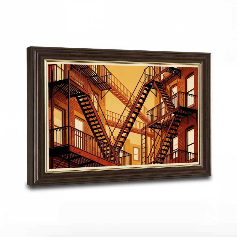 Tableau sur toile représentant des escaliers de secours orange sur des bâtiments en briques, 16"H x 24"W