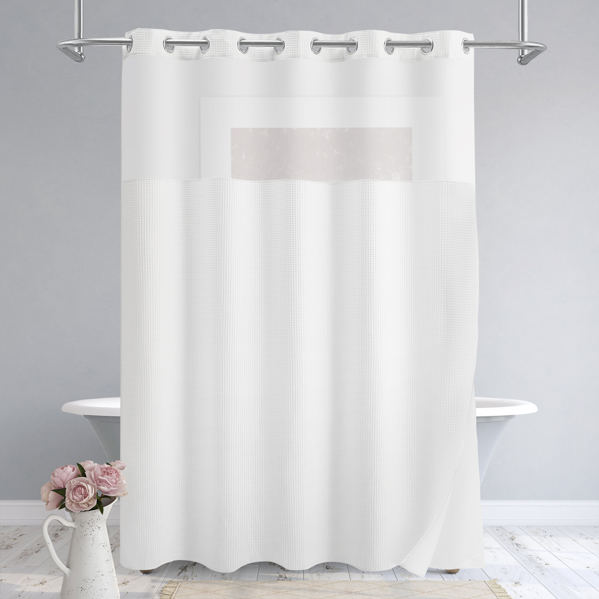 Waffle Weave Shower Curtain with Snap-In Liner, 12 Hooks Included Latitude Run Color: White, Size: 72 H x 60W