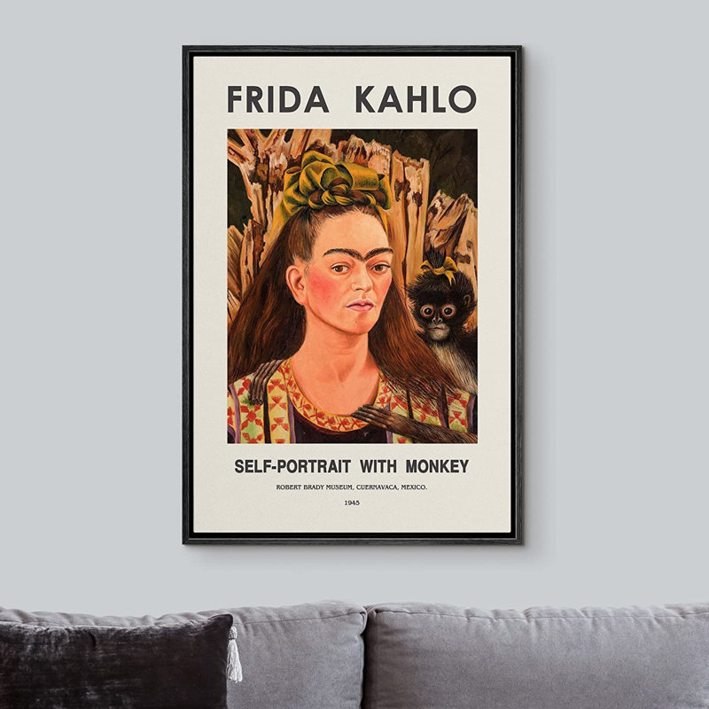 Art mural classique, impression sur toile, autoportrait avec singe par Frida Kahlo, Noir, H 24 po x l 16 po