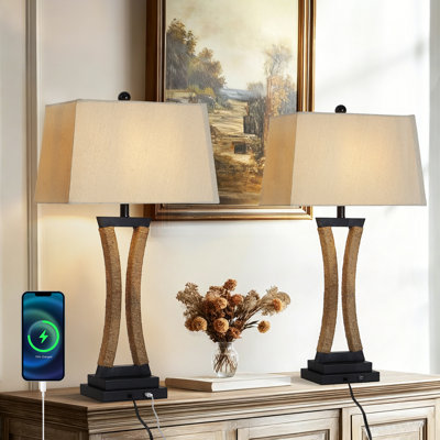 Lampe de table moderne en fer forgé 31 po avec gradateur 3 cordes tressé et USB pour chambre à coucher et salon (ensemble de 2)