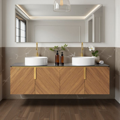 60" Bathroom Vanity with Sink, Modern Wall-Mounted Plywood Bathroom Storage Cabinet with 4 Doors
